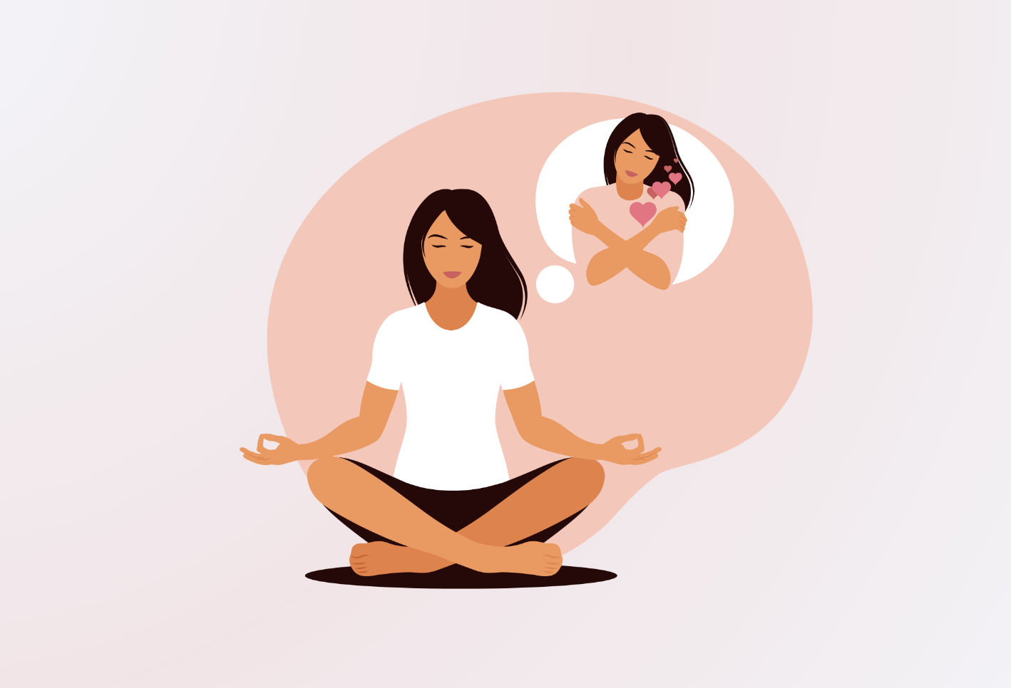 Image of a women mediating and thinking she loves herself in a thought bubble, demonstrating how cognitive behavioral therapy can improve mental health and well-being.